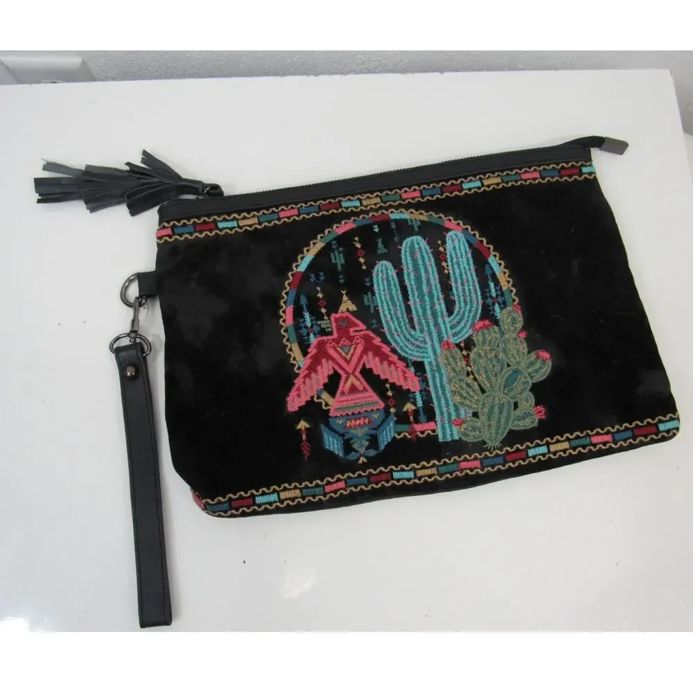 Savanna Jane Black Suede Embroidered Wristlet Clutch Bag Cactus Western